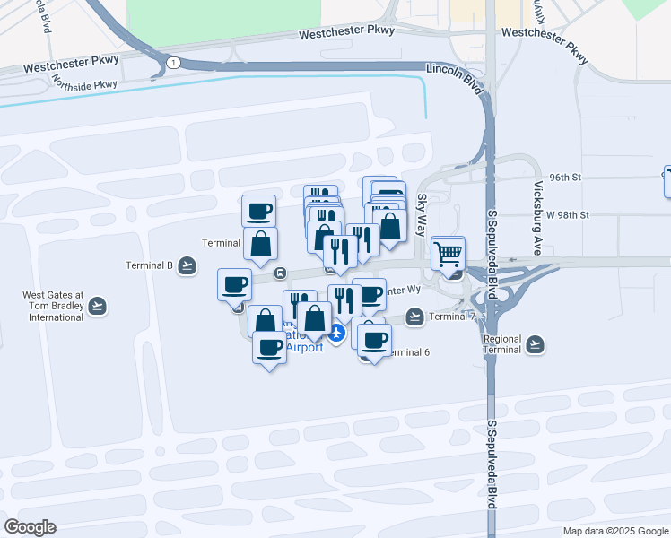 map of restaurants, bars, coffee shops, grocery stores, and more near 150 World Way in Los Angeles