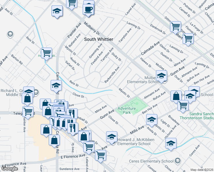 map of restaurants, bars, coffee shops, grocery stores, and more near 9843 Calmada Avenue in Whittier