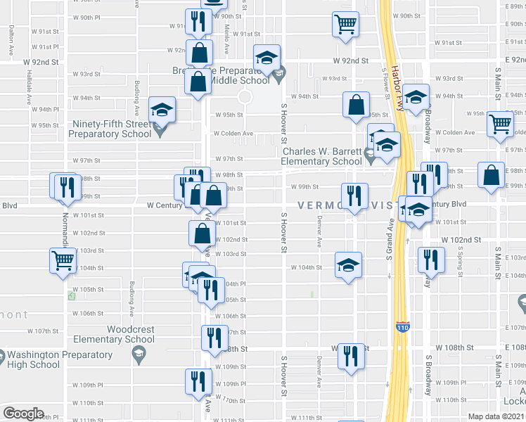 map of restaurants, bars, coffee shops, grocery stores, and more near 736 West Century Boulevard in Los Angeles
