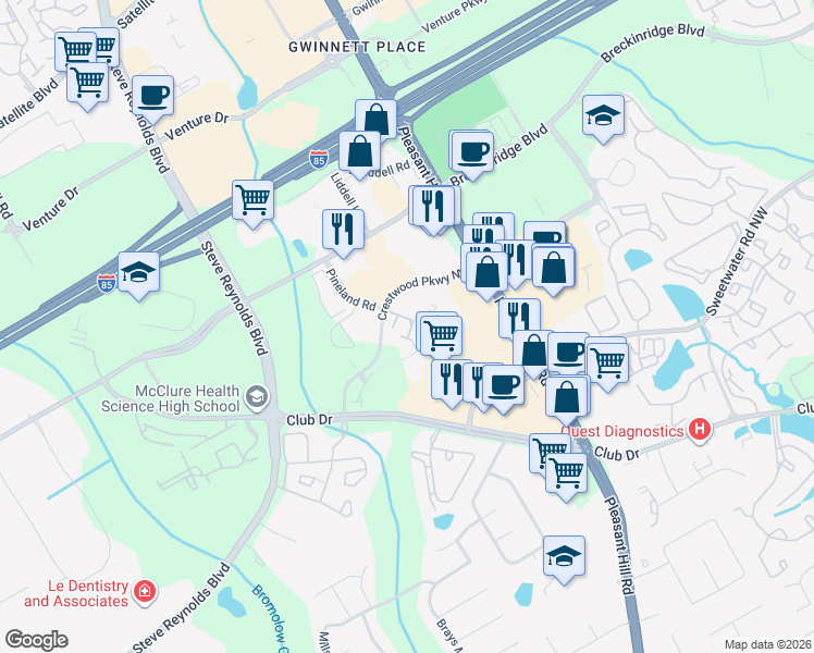 map of restaurants, bars, coffee shops, grocery stores, and more near 1641 Northgate Mill Drive in Duluth