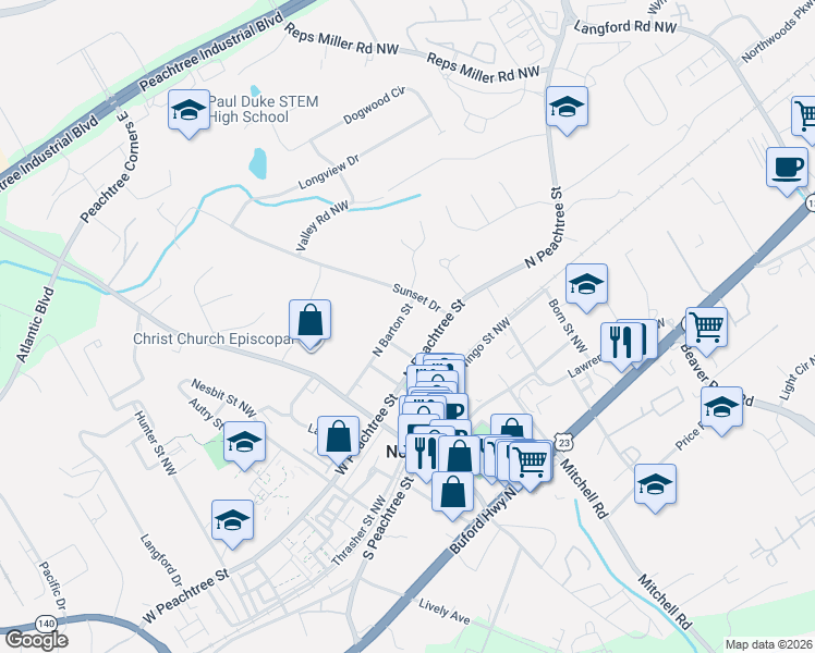 map of restaurants, bars, coffee shops, grocery stores, and more near 110 North Barton Street in Norcross