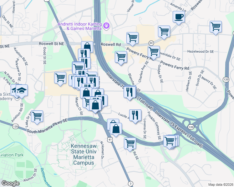 map of restaurants, bars, coffee shops, grocery stores, and more near 1292 Banberry Road Southeast in Marietta