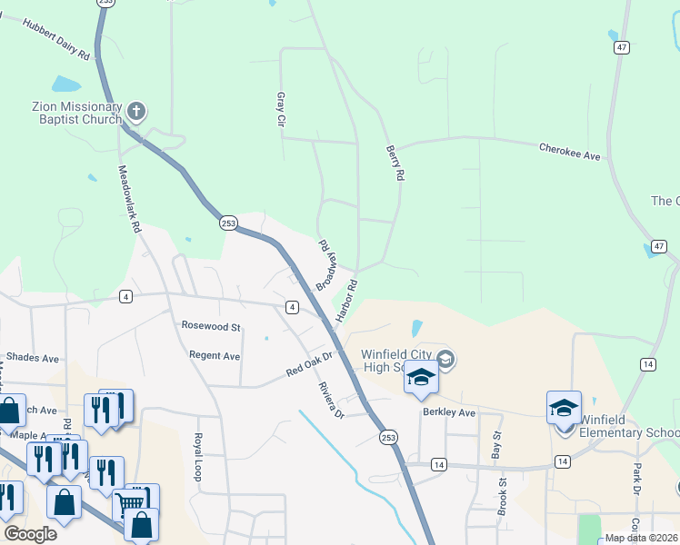 map of restaurants, bars, coffee shops, grocery stores, and more near 192 Broadway Road in Winfield
