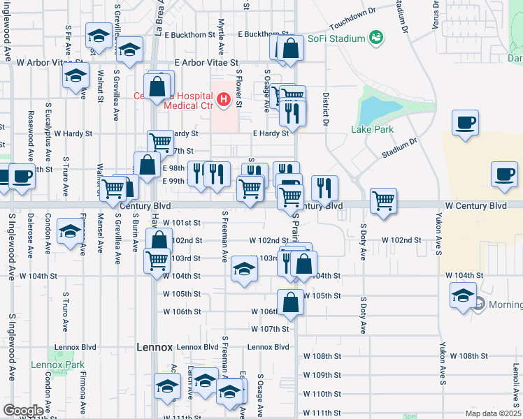 map of restaurants, bars, coffee shops, grocery stores, and more near 4060 West Century Boulevard in Inglewood
