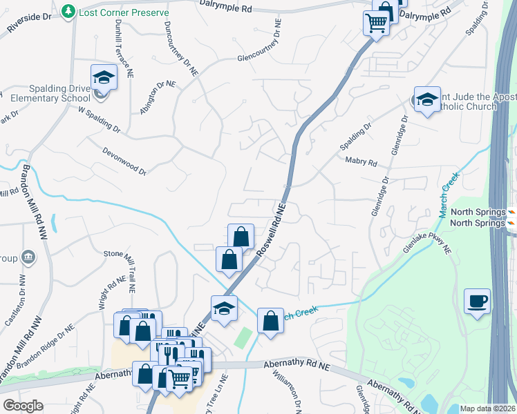 map of restaurants, bars, coffee shops, grocery stores, and more near 6980 Roswell Road in Sandy Springs