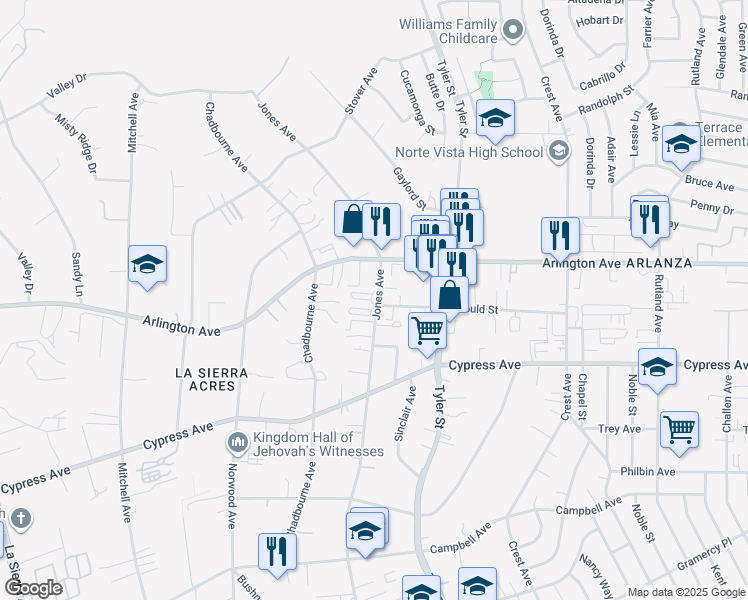 map of restaurants, bars, coffee shops, grocery stores, and more near 6288 Jones Avenue in Riverside