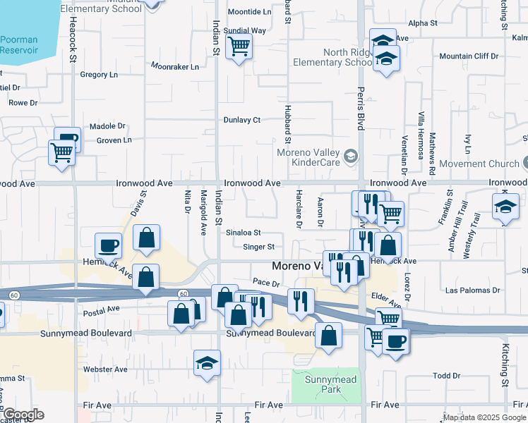 map of restaurants, bars, coffee shops, grocery stores, and more near 1207 Honeysuckle Court in Moreno Valley