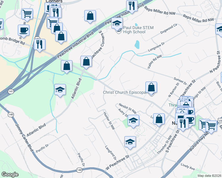 map of restaurants, bars, coffee shops, grocery stores, and more near 699 Holcomb Bridge Road in Norcross