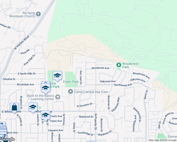 map of restaurants, bars, coffee shops, grocery stores, and more near 1264 Birchcrest Avenue in Brea
