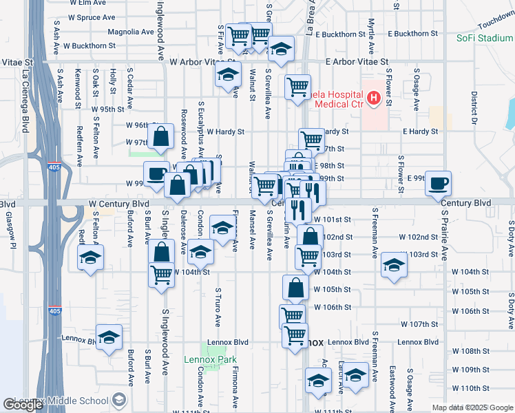 map of restaurants, bars, coffee shops, grocery stores, and more near 10012 Mansel Avenue in Inglewood