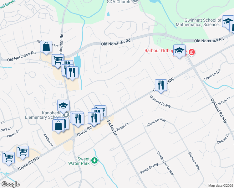 map of restaurants, bars, coffee shops, grocery stores, and more near 999 Regency Drive Northwest in Lawrenceville