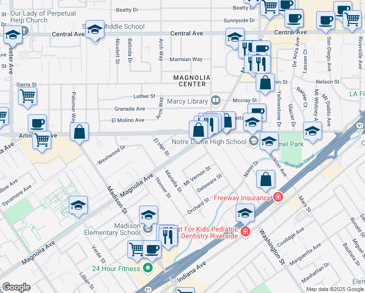 map of restaurants, bars, coffee shops, grocery stores, and more near 7167 Magnolia Avenue in Riverside