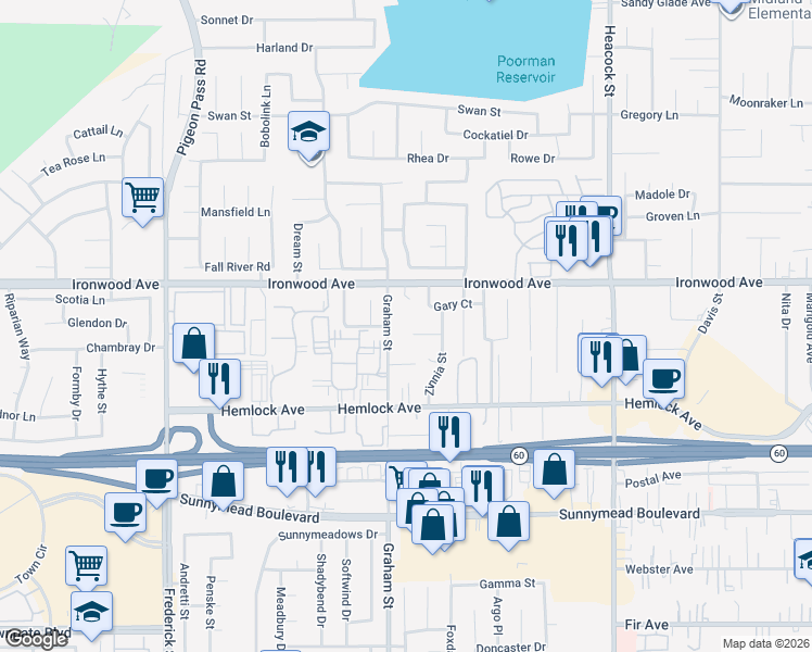 map of restaurants, bars, coffee shops, grocery stores, and more near 23544 Judge Ward Court in Moreno Valley