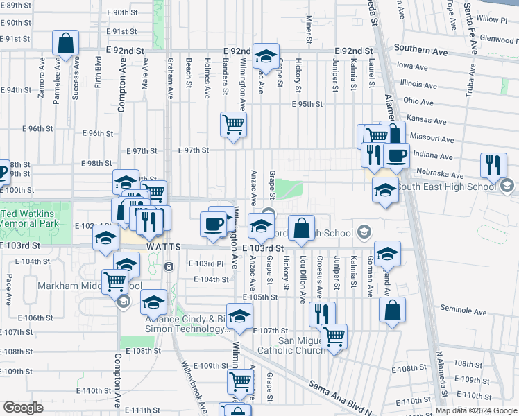 map of restaurants, bars, coffee shops, grocery stores, and more near 10010 Anzac Avenue in Los Angeles