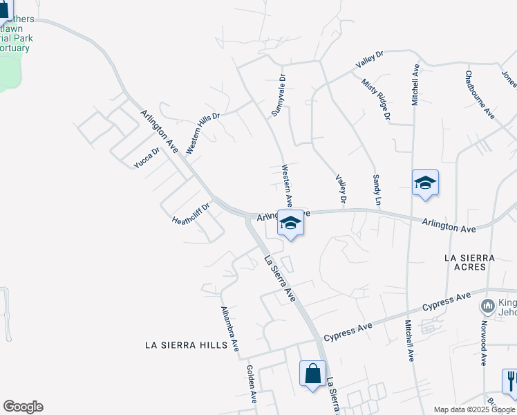 map of restaurants, bars, coffee shops, grocery stores, and more near 11073 Arlington Avenue in Riverside