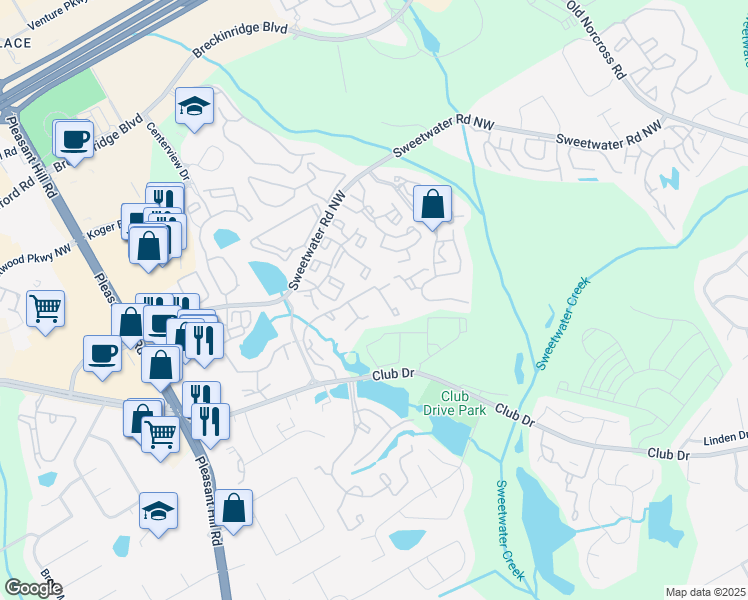 map of restaurants, bars, coffee shops, grocery stores, and more near 3420 Fairway Oaks Drive in Lawrenceville