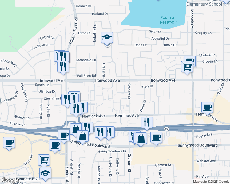 map of restaurants, bars, coffee shops, grocery stores, and more near 12087 Buckthorn Drive in Moreno Valley