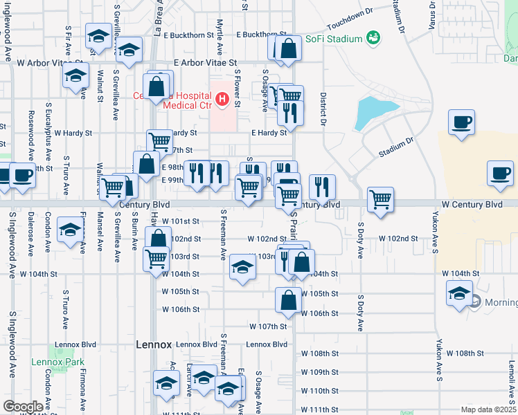 map of restaurants, bars, coffee shops, grocery stores, and more near 4040 West Century Boulevard in Inglewood