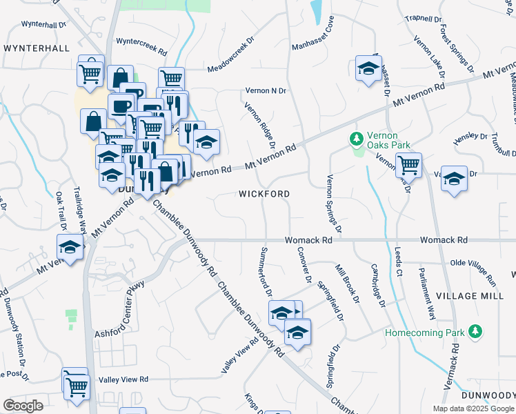 map of restaurants, bars, coffee shops, grocery stores, and more near 1450 Cedarhurst Drive in Dunwoody