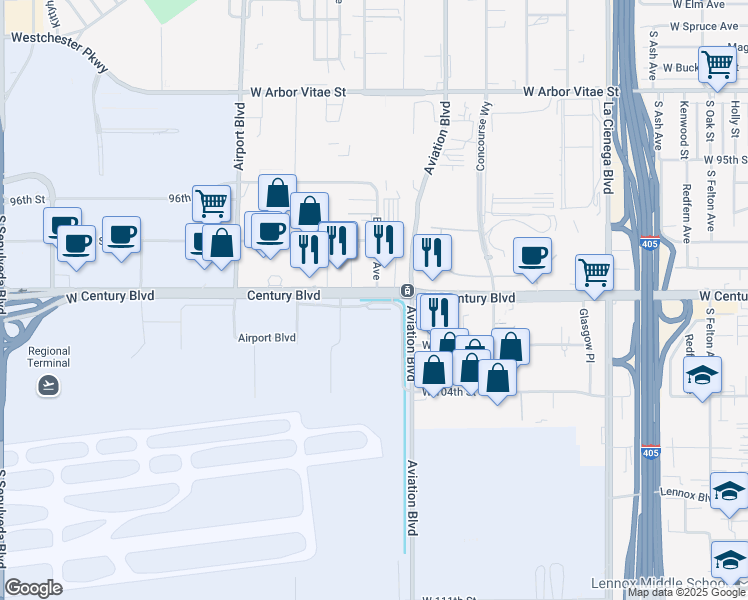 map of restaurants, bars, coffee shops, grocery stores, and more near 5701 Century Boulevard Serv Road in Los Angeles