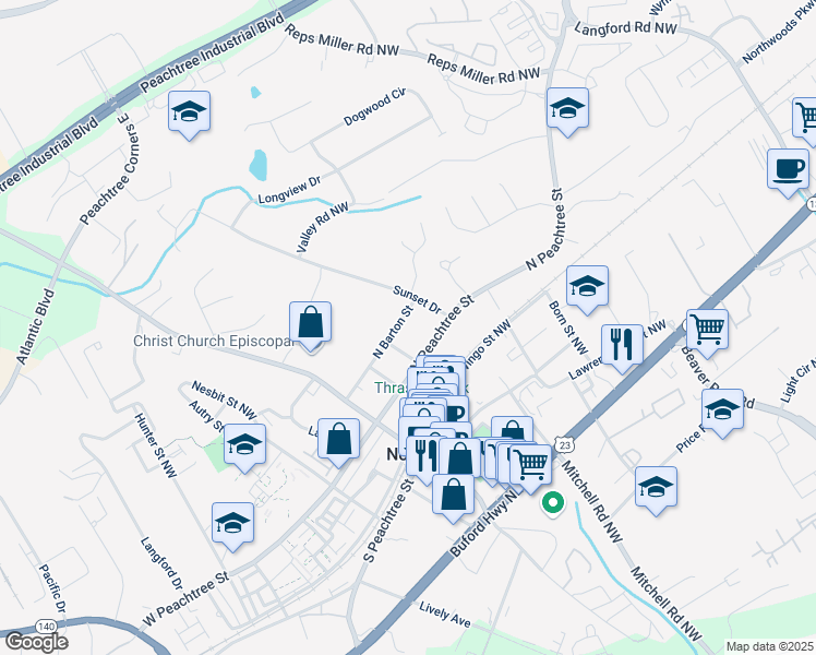 map of restaurants, bars, coffee shops, grocery stores, and more near 126 North Barton Street in Norcross