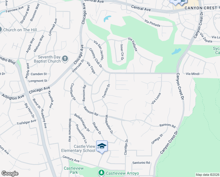 map of restaurants, bars, coffee shops, grocery stores, and more near 1440 Trenton Drive in Riverside