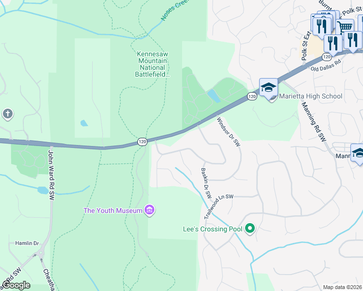map of restaurants, bars, coffee shops, grocery stores, and more near 1462 Dallas Circle Southwest in Marietta