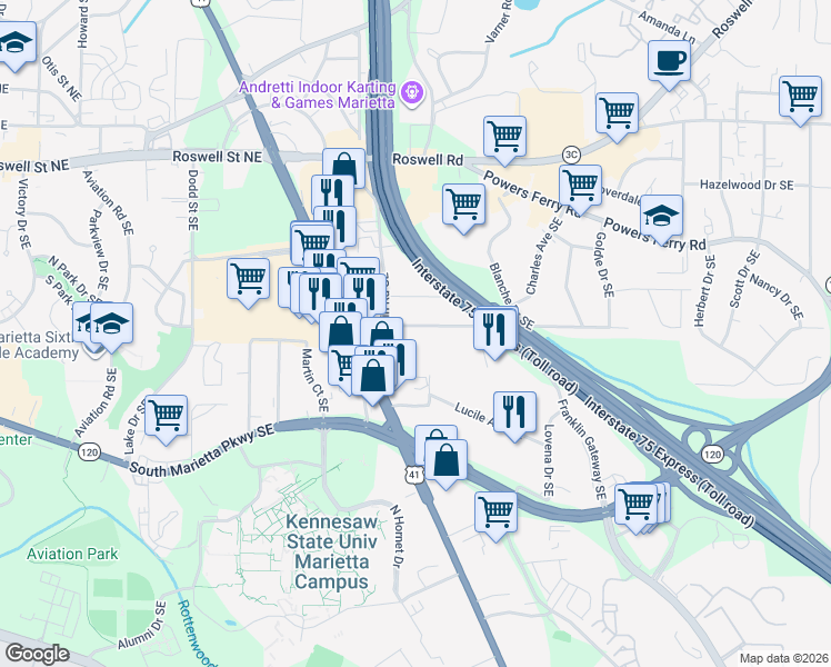 map of restaurants, bars, coffee shops, grocery stores, and more near 1260 Banberry Road Southeast in Marietta