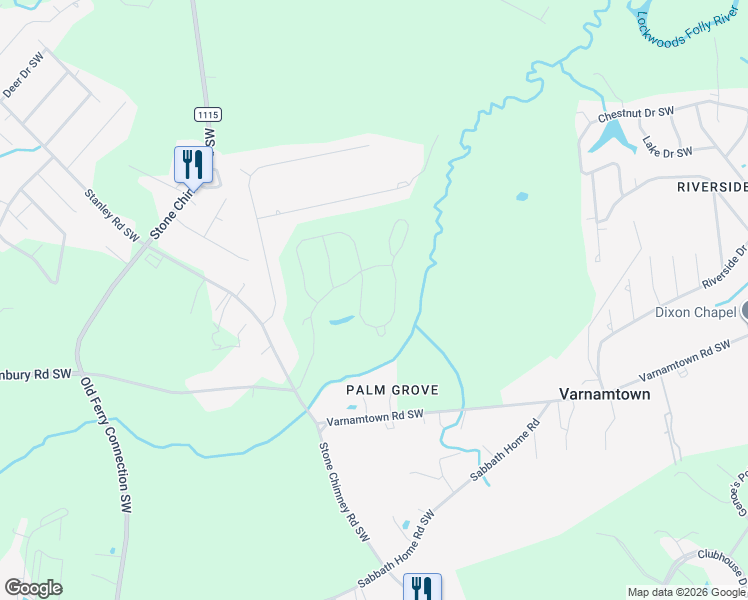 map of restaurants, bars, coffee shops, grocery stores, and more near 2760 Stone Chimney Road Southwest in Brunswick County