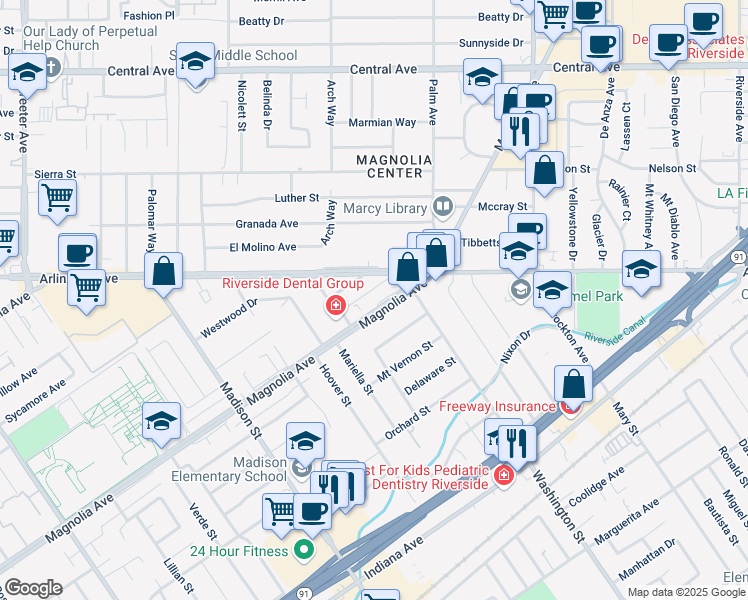 map of restaurants, bars, coffee shops, grocery stores, and more near 7167 Magnolia Avenue in Riverside