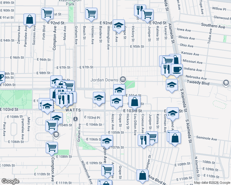 map of restaurants, bars, coffee shops, grocery stores, and more near 10010 Anzac Avenue in Los Angeles