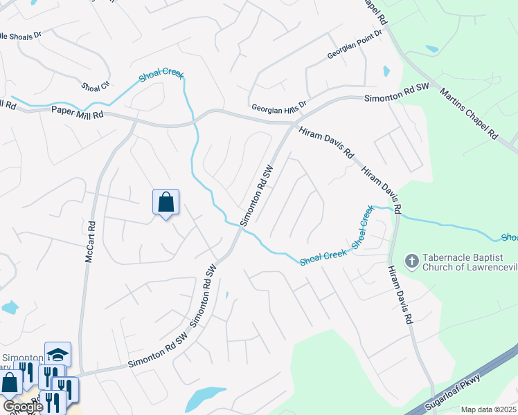 map of restaurants, bars, coffee shops, grocery stores, and more near 642 Towering Pine Trail Southeast in Lawrenceville