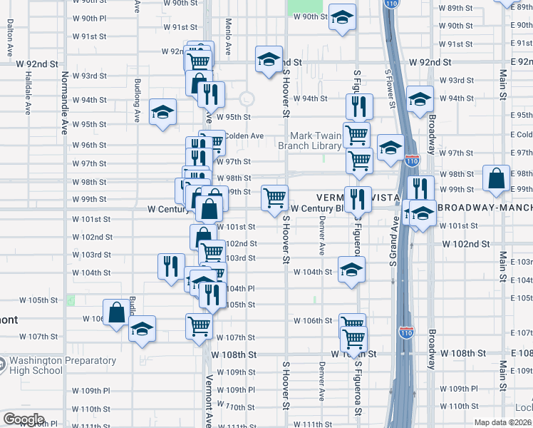 map of restaurants, bars, coffee shops, grocery stores, and more near 736 West Century Boulevard in Los Angeles