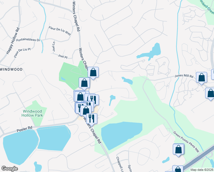 map of restaurants, bars, coffee shops, grocery stores, and more near 7009 Lake View Lane in Atlanta