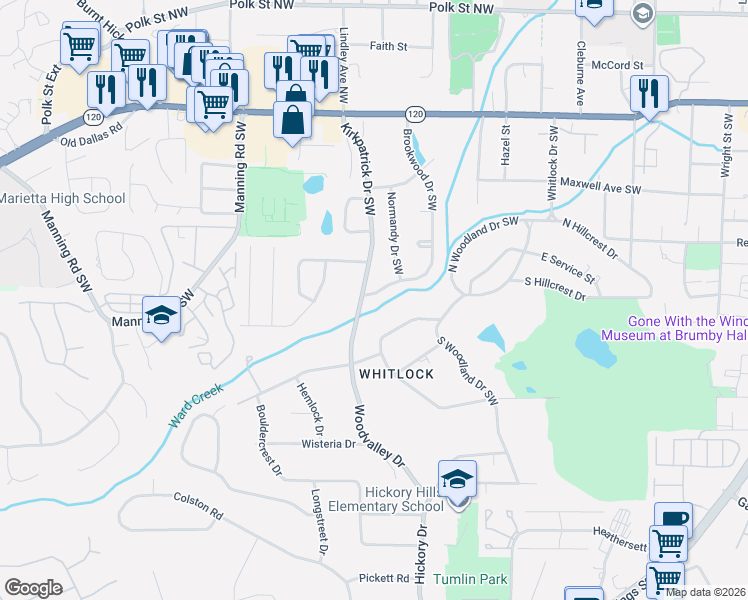 map of restaurants, bars, coffee shops, grocery stores, and more near 303 Brookwood Drive Southwest in Marietta