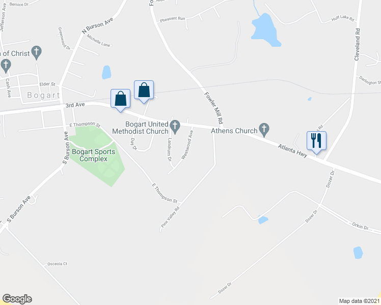 map of restaurants, bars, coffee shops, grocery stores, and more near 155 Westwood Avenue in Bogart