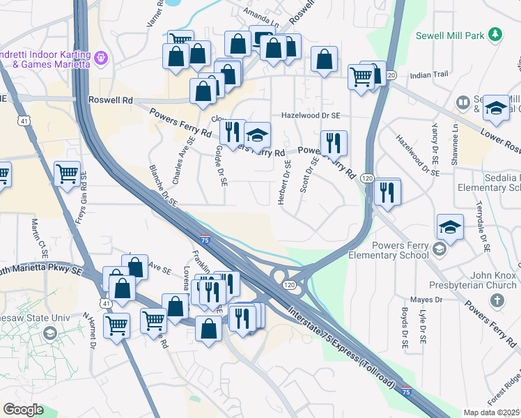 map of restaurants, bars, coffee shops, grocery stores, and more near 280 Pauladean Circle Southeast in Marietta