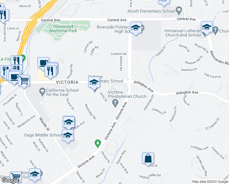 map of restaurants, bars, coffee shops, grocery stores, and more near 2925 Newgate Court in Riverside