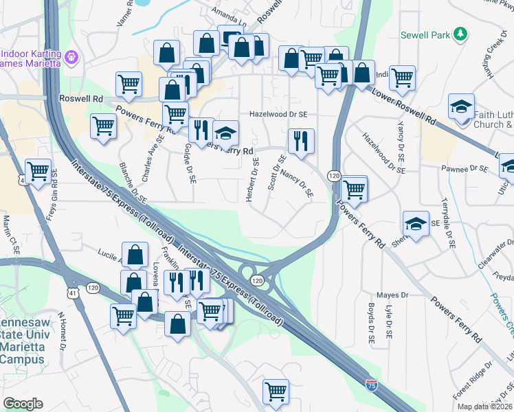 map of restaurants, bars, coffee shops, grocery stores, and more near 221 Herbert Dr SE in Marietta