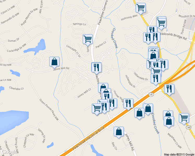 map of restaurants, bars, coffee shops, grocery stores, and more near 3279 Peachtree Corners Circle in Norcross
