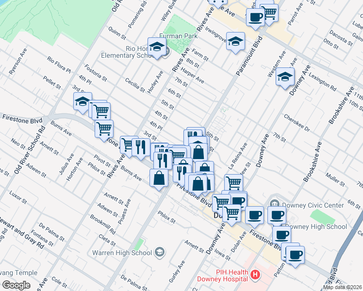 map of restaurants, bars, coffee shops, grocery stores, and more near 7972 4th Place in Downey