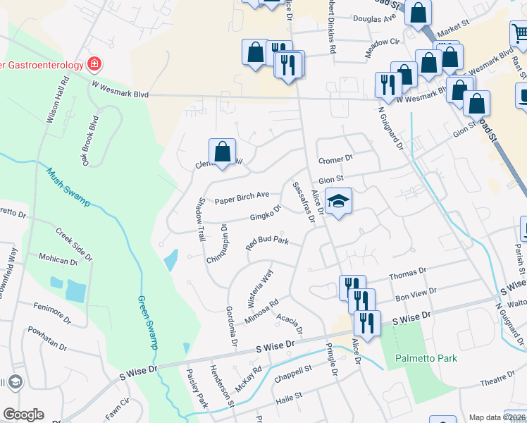 map of restaurants, bars, coffee shops, grocery stores, and more near 245 Gentry Drive in Sumter