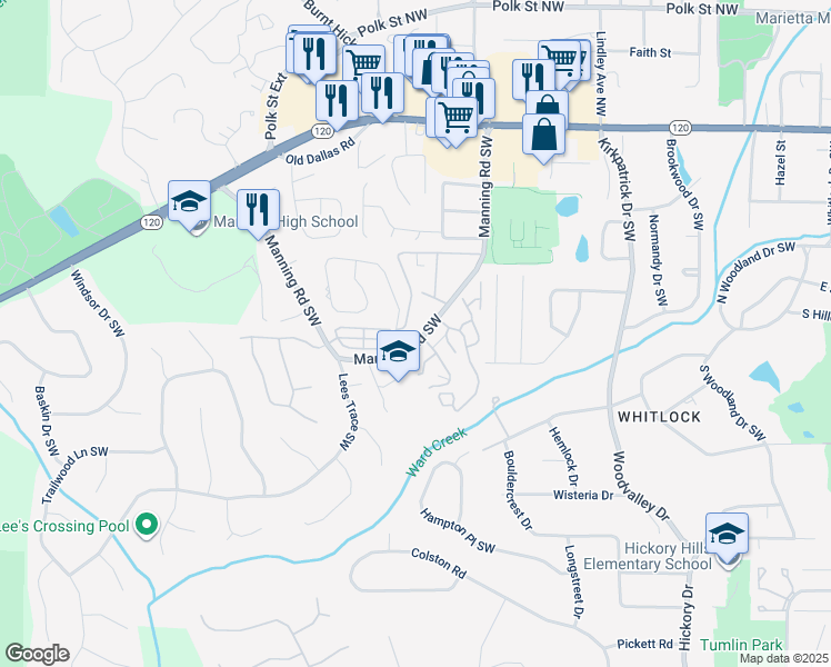 map of restaurants, bars, coffee shops, grocery stores, and more near 260 Manning Road Southwest in Marietta