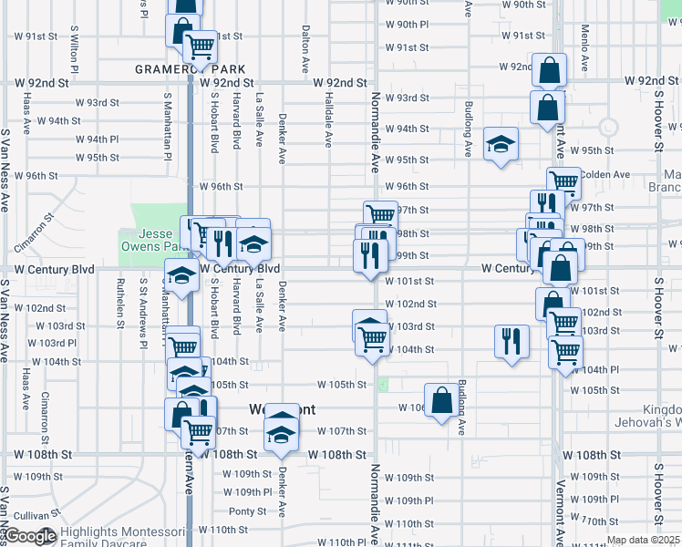 map of restaurants, bars, coffee shops, grocery stores, and more near 1449 1/2 West 101st Street in Los Angeles