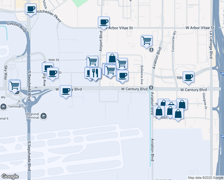 map of restaurants, bars, coffee shops, grocery stores, and more near 5352 West Century Boulevard in Los Angeles
