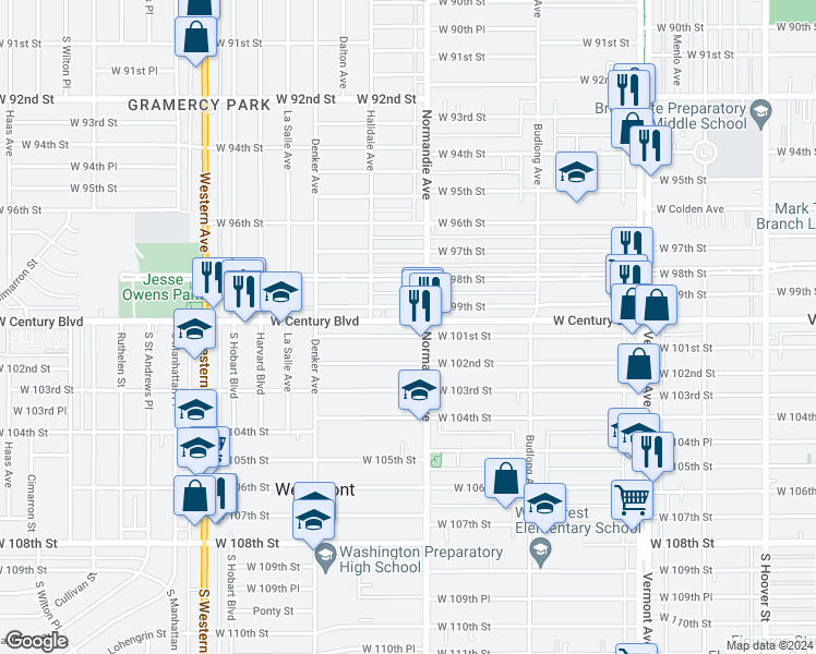 map of restaurants, bars, coffee shops, grocery stores, and more near 1419 1/2 West 101st Street in Los Angeles