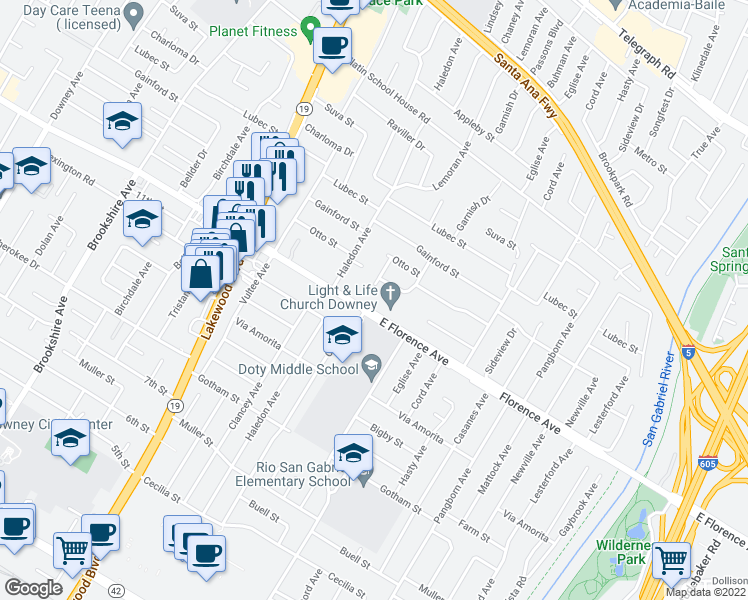 map of restaurants, bars, coffee shops, grocery stores, and more near 9245 Florence Avenue in Downey