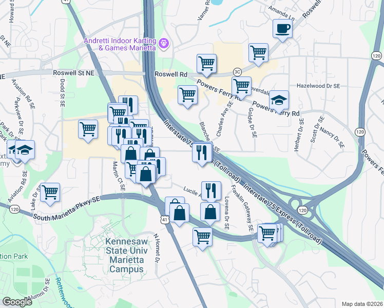 map of restaurants, bars, coffee shops, grocery stores, and more near 1340 Banberry Road Southeast in Marietta