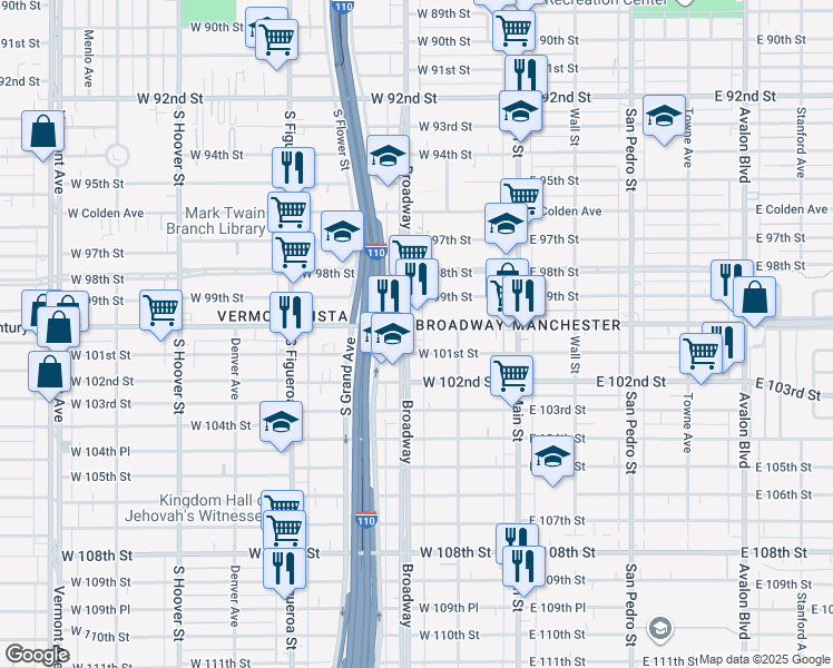 map of restaurants, bars, coffee shops, grocery stores, and more near 10006 South Broadway in Los Angeles