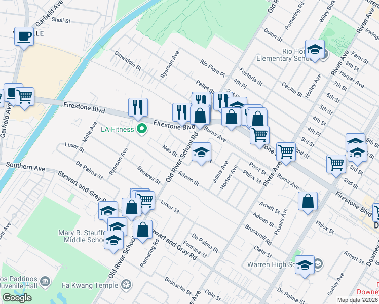 map of restaurants, bars, coffee shops, grocery stores, and more near 11524 Old River School Road in Downey